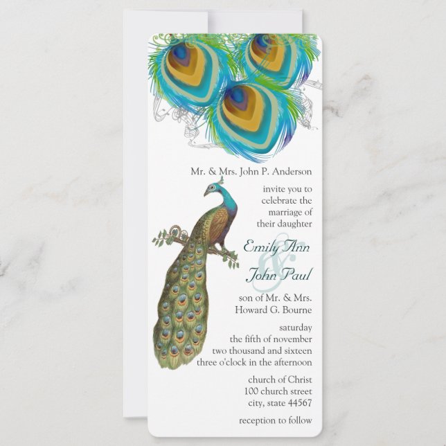 3 Penas de Pavão Convite de Casamento Art Déco (Frente)