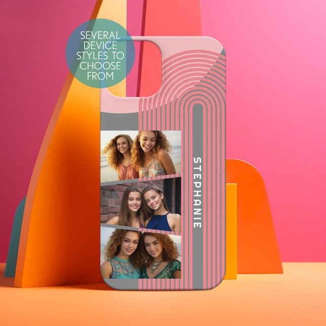 3 Photo Collage - boho coral line art arch - name (Personalized Phone Case - Choose Your Device and Customize the Design)