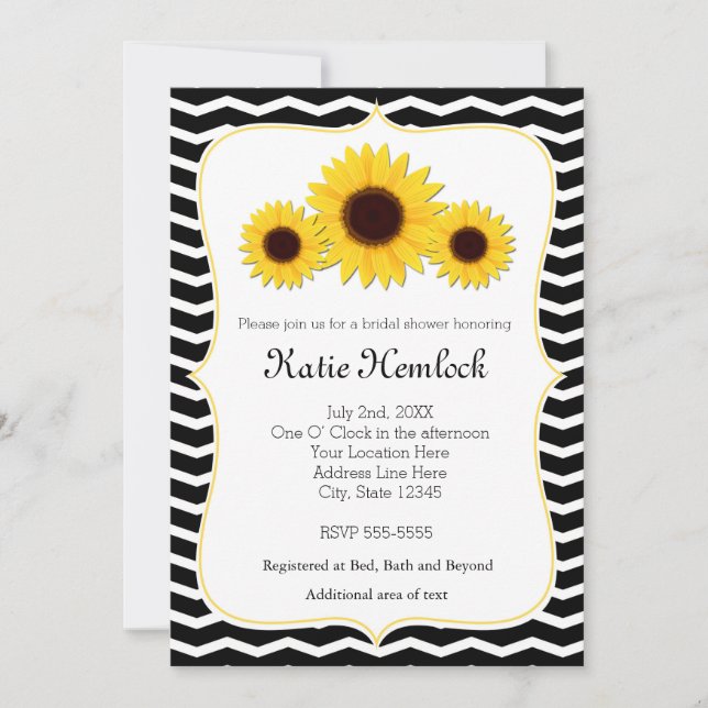 3 Sunflower Black & White Chevron Convite (Frente)