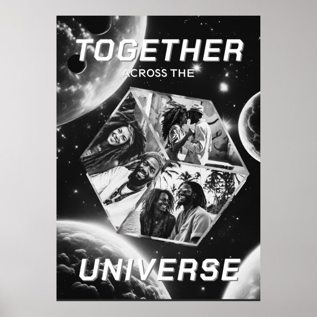 3D Fotowürfel im Weltraum mit Planeten Poster (Frente)