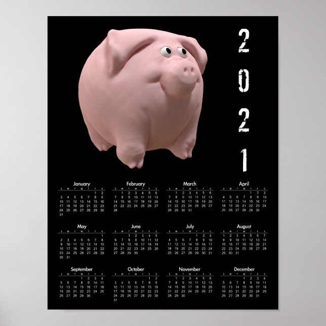 3D Funny Pig 2 Black Calendar Poster 2021 (Frente)