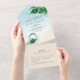 3in1 Pavão Penas Aqua Coral Casamento RSVP