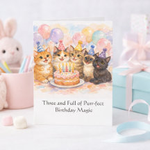 3rd Birthday Card for Girls Cute Watercolor Cat 