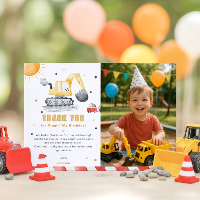 3rd Construction Birthday Photo Thank You Card (Criador carregado)