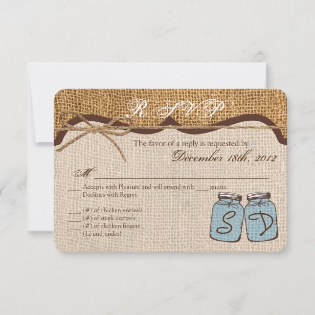3x5 R.S.V.P. Placa de resposta Mason Jar Burlap Co (Frente)