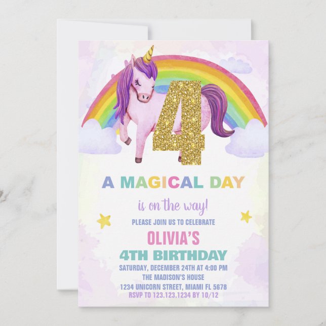 4ª Nuvem de Convites de Aniversário do Rainbow Uni (Frente)