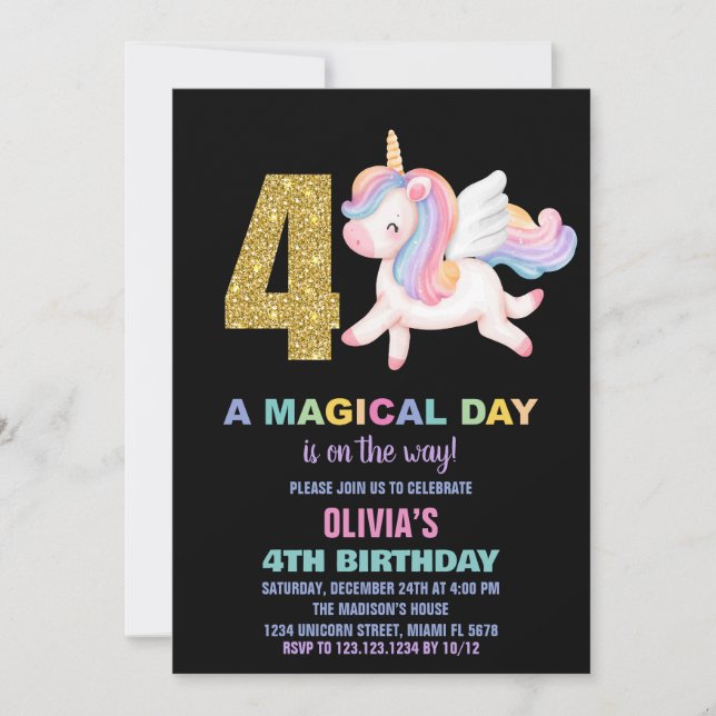 4º Arco-Íris Unicórnio Convites de Aniversário Neg (Frente)