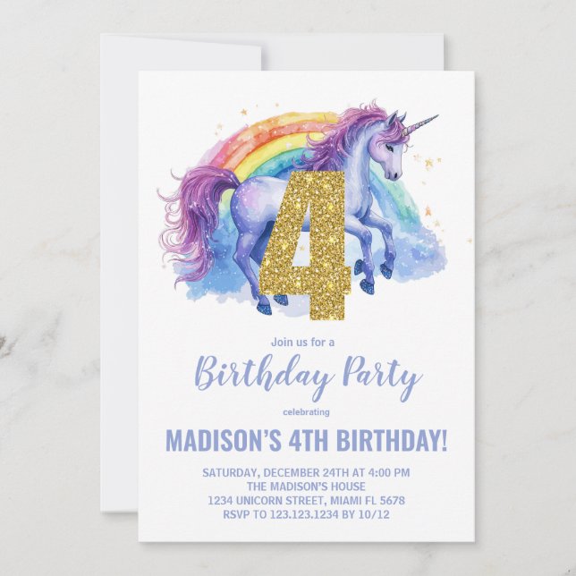 4º Convites de Aniversário do Rainbow Unicorn (Frente)