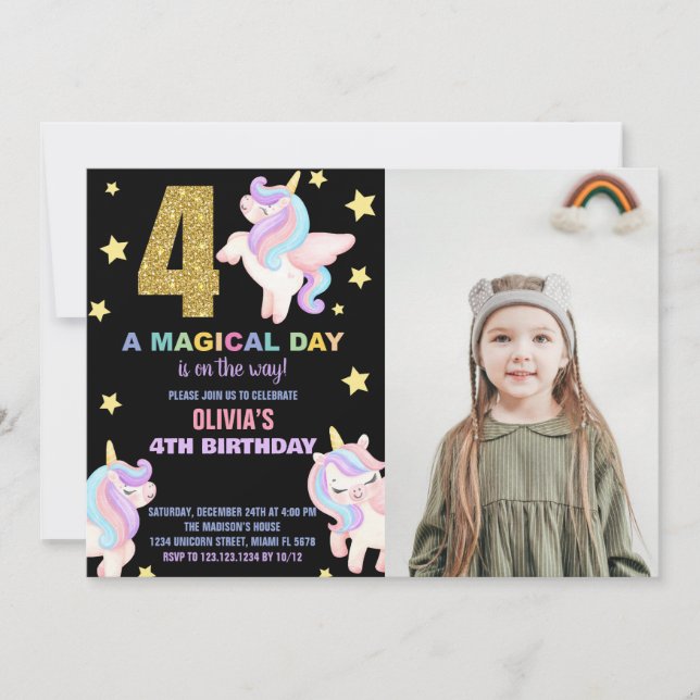4º Convites de Aniversário do Rainbow Unicorn com  (Frente)