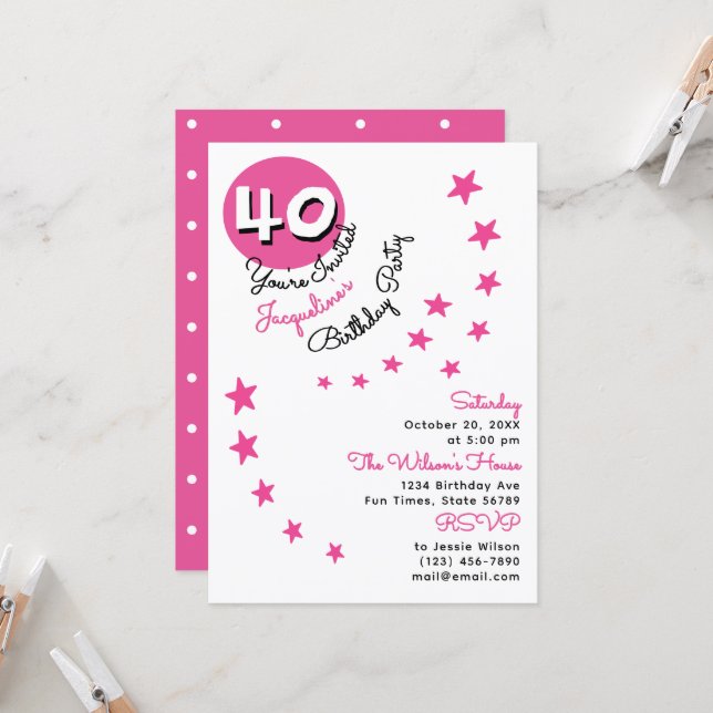 40º Aniversário Pink Feliz Convite Personalizado (Frente/Verso In Situ)