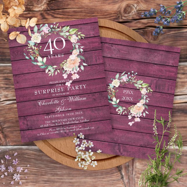 40º Aniversário Ruby Rustic Wood Floral Invite (Criador carregado)