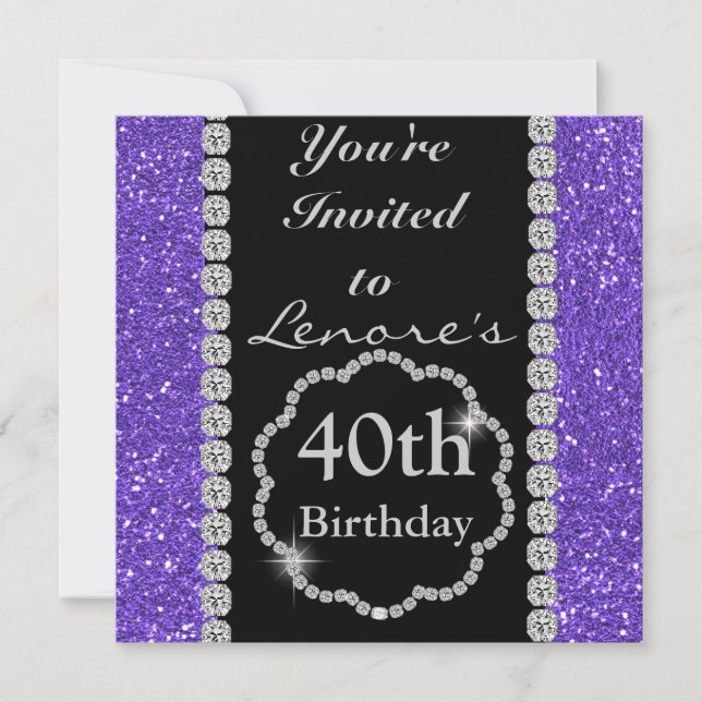 40th Convite de aniversário roxo de BLING (Frente)