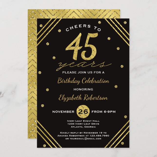 45º Convite de aniversário, Saúde, Faux Dourado (Frente/Verso)