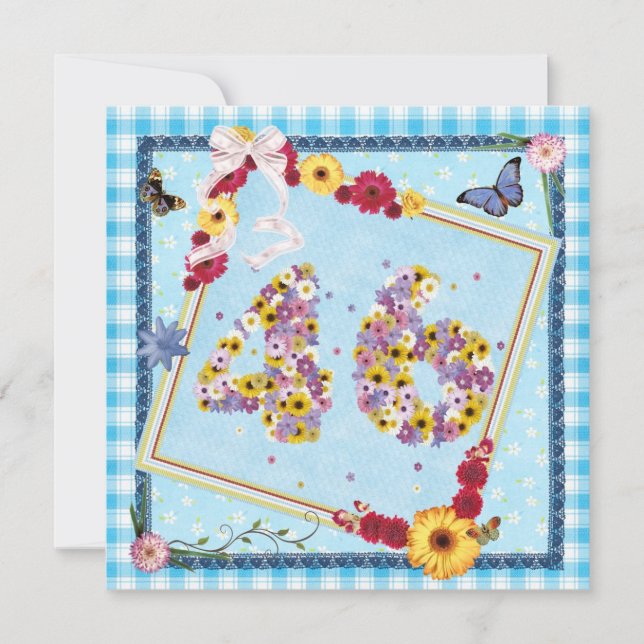46º flores do Convite de aniversário, borboletas (Frente)