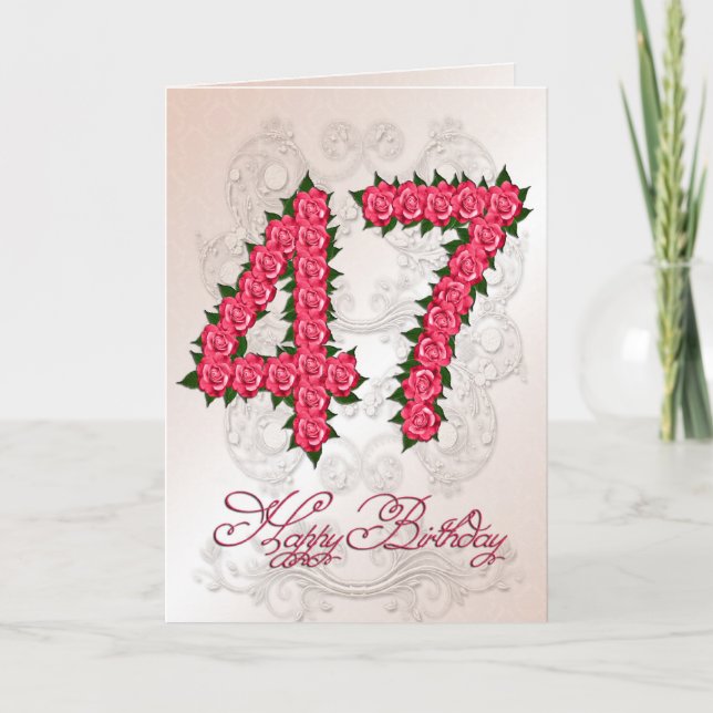 47th cartão de aniversário com rosas e folhas (Frente)