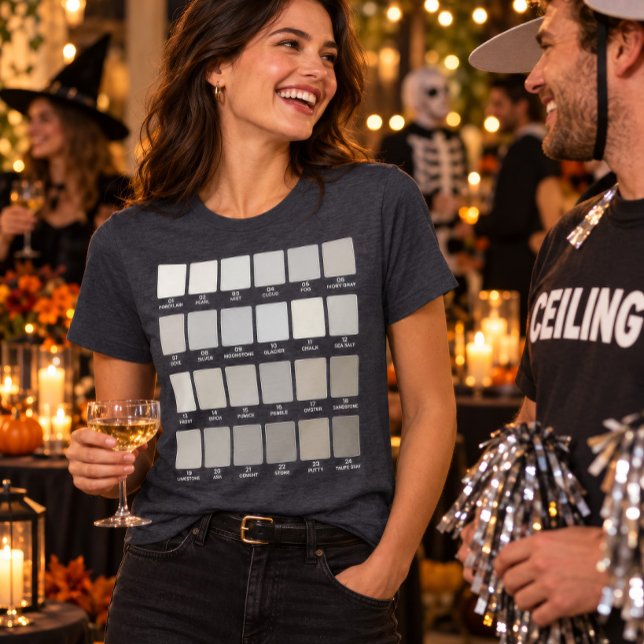 48 Tons de Cinza Swatch Fácil Fantasia de Hallowee (Gray swatch costume shirt at a lively Halloween party with a clever ceiling fan costume.)