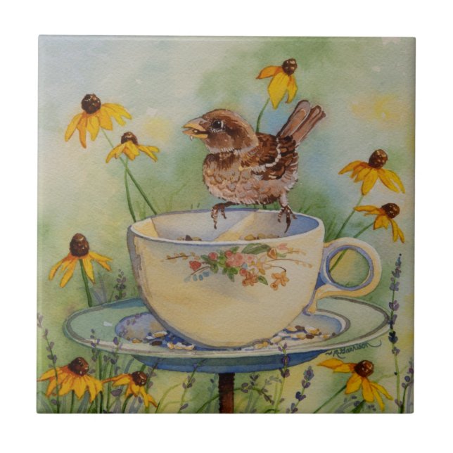 4920 Sparrow on Teacup Feeder with Coneflowers (Re (Frente)