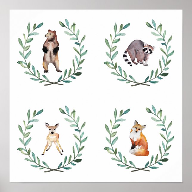 4 Animais de floresta e Poster de árvores (Frente)
