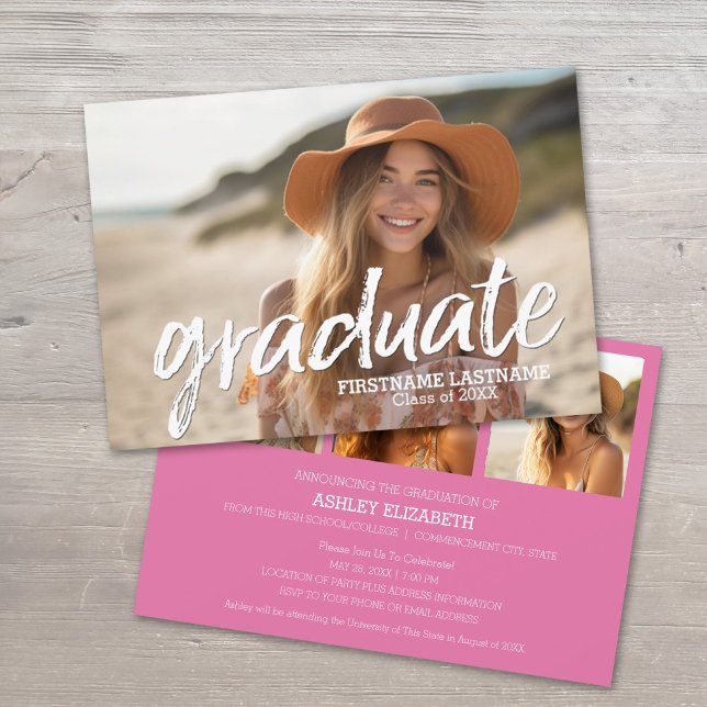 4 Anúncio de Graduação de Tendência de Foto (Graduation Announcement with Party Invite and 3 Photos)