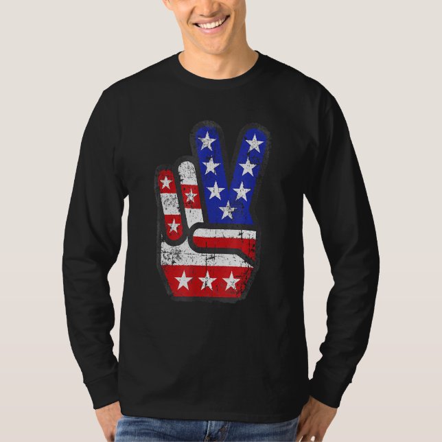 4 de julho Camisa American Flag Peace Sign Hand (Frente)