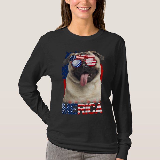 4 De Julho Camisa Bandeira Americana Pugs Cog Love (Frente)