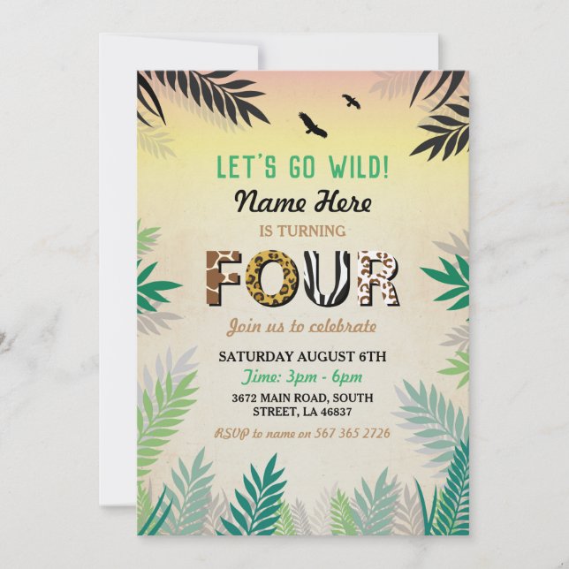 4 Festa de Aniversário da Selva Safari ZOO Convite (Frente)
