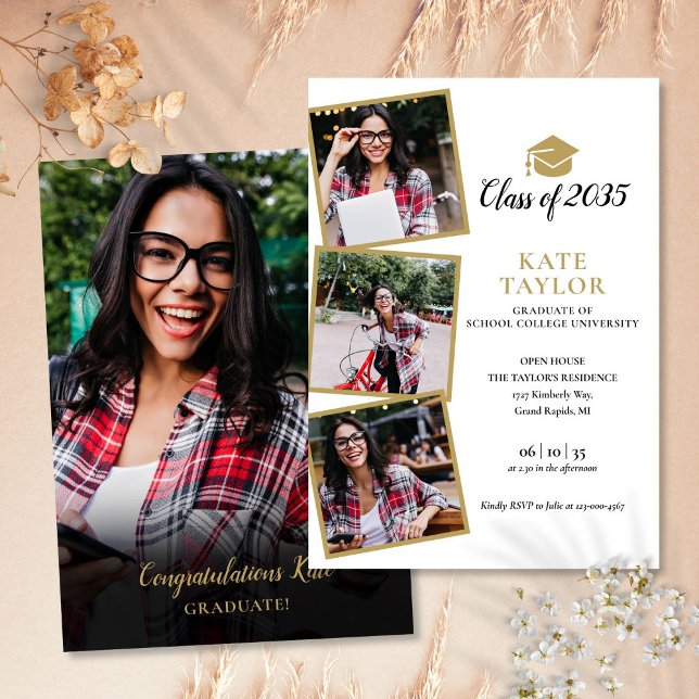 4 Foto, Preto E Convite Para Festa de formatura Do (4 Photo Black And Gold Graduation Party Invitation)