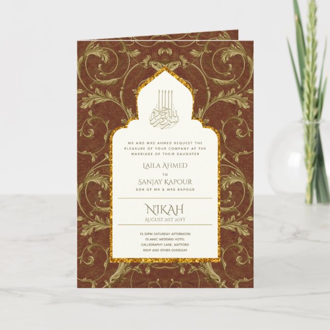 4Pg Convite de NIKAH WALIMA Dourado Ornamental Isl (Frente)