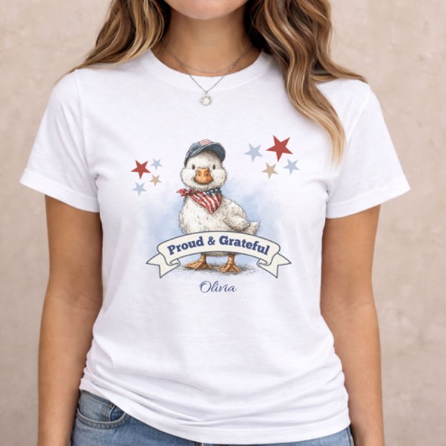 4th of July Patriotic Animal (patriotic women t-shirt with duck illustration and Proud and Grateful name design)