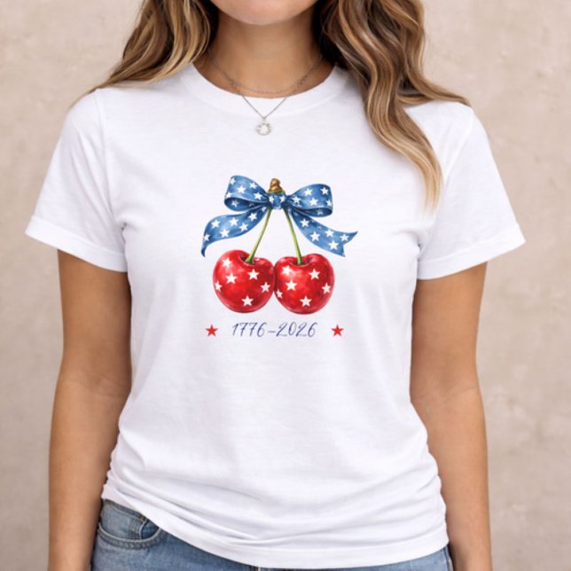 4th of July Patriotic Cherry (patriotic women t-shirt with cherry bow 1776–2026 America design on neutral background)