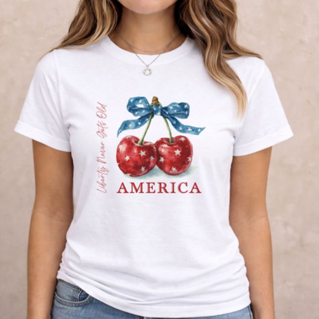4th of July Patriotic Cherry (patriotic women t-shirt with cherry and bow America design on neutral background)