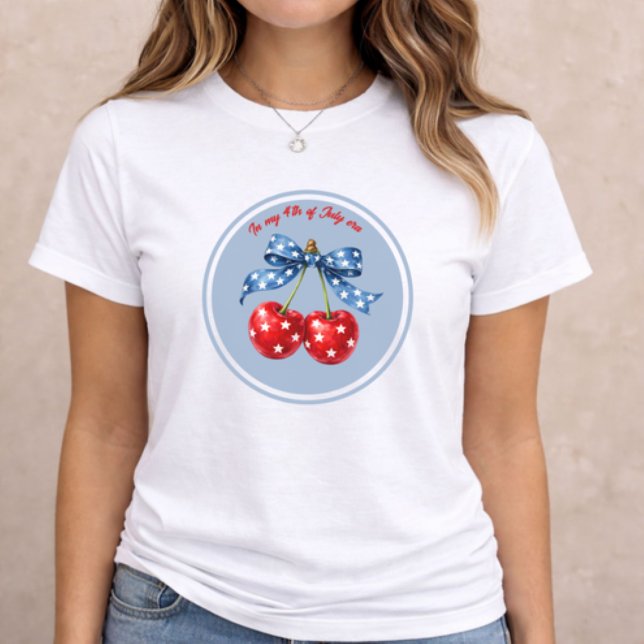 4th of July Patriotic Cherry (patriotic women t-shirt with cherry bow 4th of July design on neutral background)