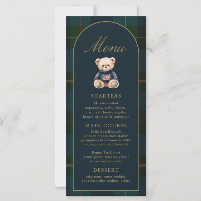 4x9" Classic Teddy Bear Plaid Baby Shower Menu (Frente)