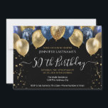 50ª Festa de aniversário Azul e Convite Dourado<br><div class="desc">Balões vermelhos falsos e dourados na borda superior. Todo o texto é ajustável e fácil de mudar para as necessidades do seu próprio partido. Excelente elegante do modelo guarde a data festa de aniversário design. a qualquer ano,  a idade pode ser alterada</div>
