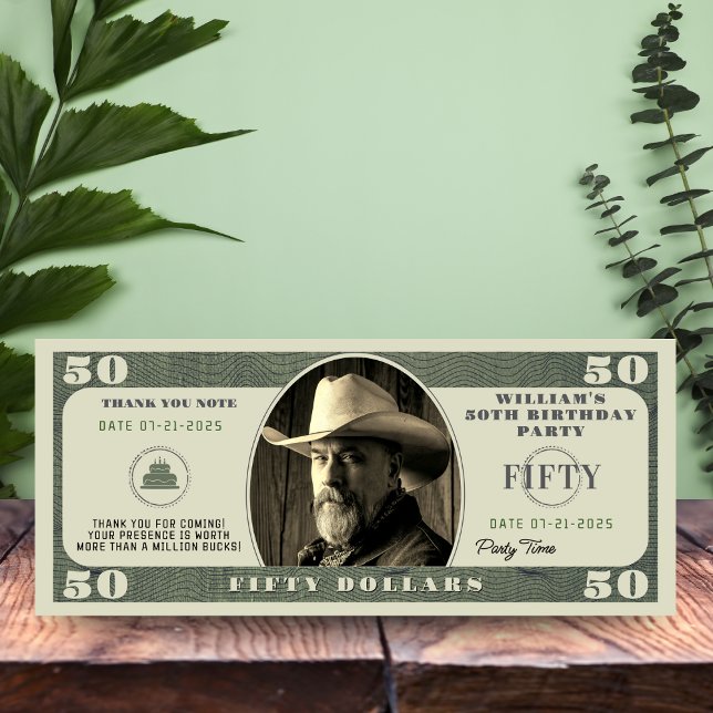 50ª Festa de aniversário de Cartões de agradecimen (50th Birthday Party 50 Dollar Bill Thank You
)