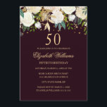 50º Aniversário Burgundy Dourado Convite Floral<br><div class="desc">Mais convites florais na loja Little Bayleigh!</div>