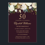 50º Aniversário Burgundy Dourado Convite Floral<br><div class="desc">Mais convites florais na loja Little Bayleigh!</div>