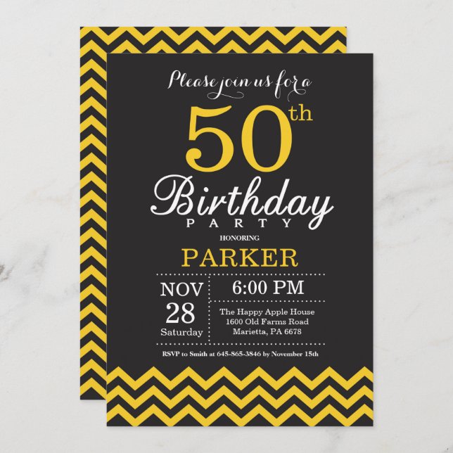 50º Aniversário Convite Preto e Amarelo (Frente/Verso)
