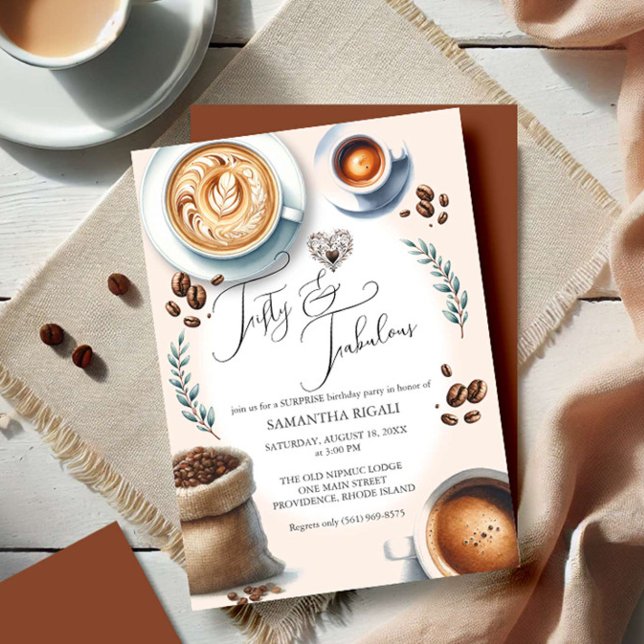 50º Aniversário Convites Café Pensado (50th birthday party invitations watercolor illustrated coffee theme by Victoria Grigaliunas )
