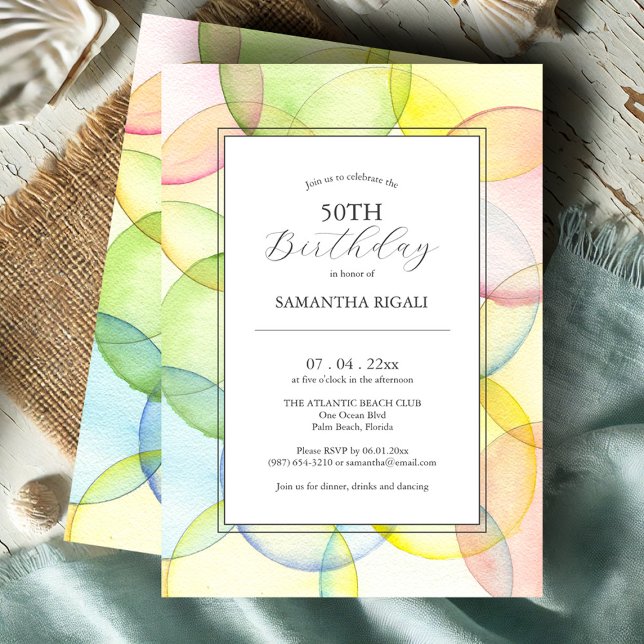 50º Aniversário Convites multicolores (50th birthday invitations watercolor circles art by Victoria Grigaliunas of Do Tell A Belle)