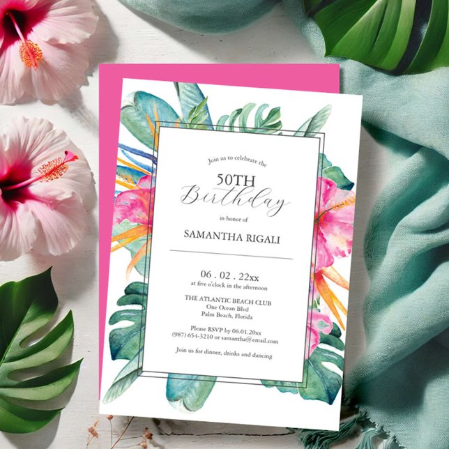 50º Aniversário Convites Tropicais (50th birthday invitations luau tropical floral watercolor art Victoria Grigaliunas Do Tell A Belle)