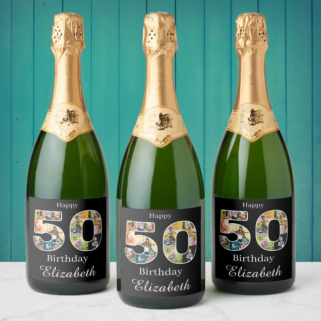 50º aniversário Crie sua própria multifoto (50th birthday sparkling wine labels with photo collage.)