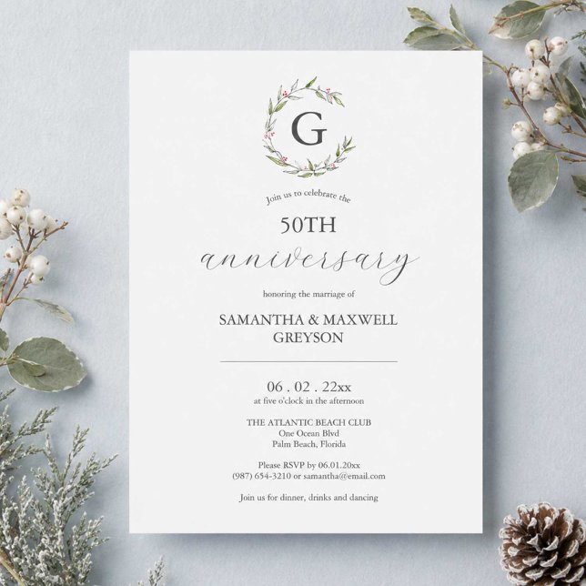 50º aniversário de casamento Convites aos Botânico (505h wedding anniversary invitations template with hand drawn monogram by Do Tell A Belle)