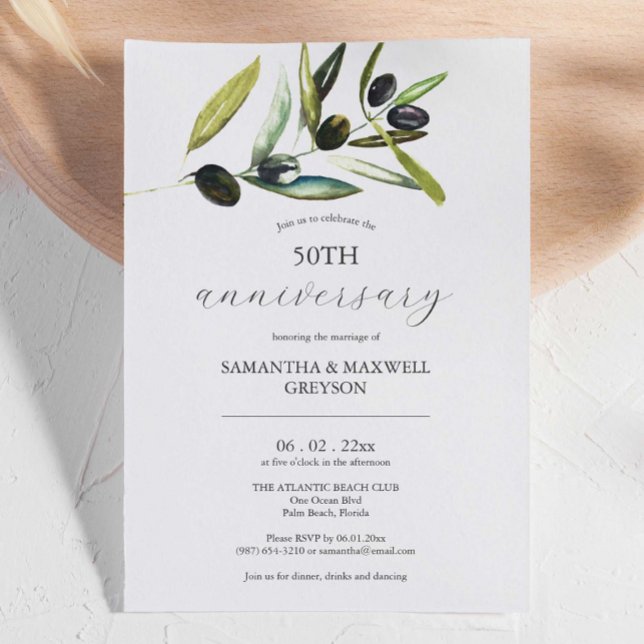 50º Aniversário de Casamento Convites Branch (50th anniversary invitations feature unique watercolor olive branch art by Victoria Grigaliunas)