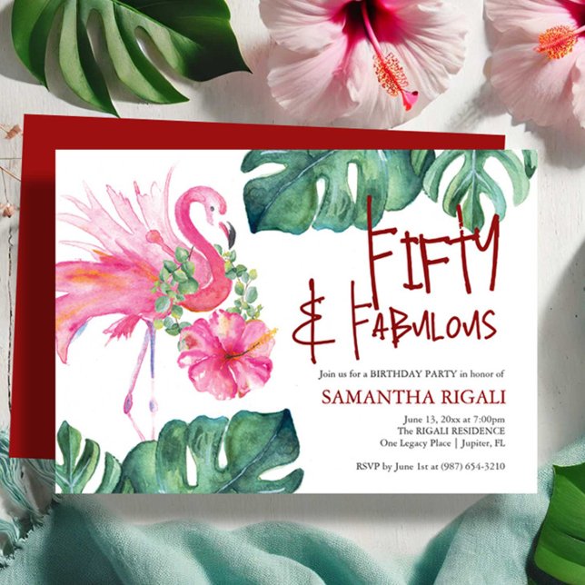 50º Aniversário do Convite Tropical Flamingo (Fifty and fabulous birthday invitations tropical watercolor pink flamingo by Victoria Grigaliunas)