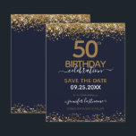 50º Aniversário Guardar o Convite de Orçamento de<br><div class="desc">Elegante brilho de ouro Faux com os realces de confete em shimmering na borda superior e inferior. Todo o texto é ajustável e fácil de mudar para as necessidades do seu próprio partido. design de modelo de 50 anos elegante excelente.</div>