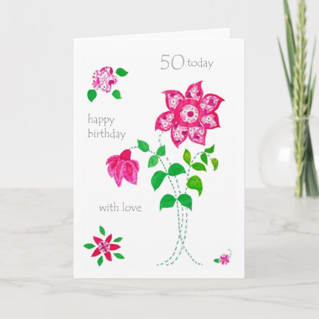 50º Cartão de Aniversário - Flores Rosa (Frente)