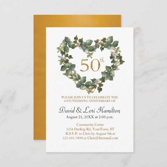 50º Casamento Watercolor Ivy Heart Wreath (Frente/Verso)