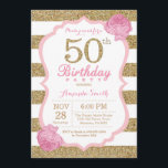 50º Convite à Apresentação de Aniversário, rosa e<br><div class="desc">50º Convite de Aniversário,  rosa e Dourada. Coloração rosa e Dourada. Listras brancas e rosa. Flor Floral Rosa. Aniversário Adulto. Festa de aniversário feminina. Para mais personalização,  clique no botão "Personalizar" e use nossa ferramenta de design para modificar este modelo.</div>