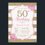 50º Convite à Apresentação de Aniversário, rosa e<br><div class="desc">50º Convite de Aniversário,  rosa e Dourada. Coloração rosa e Dourada. Listras brancas e rosa. Flor Floral Rosa. Aniversário Adulto. Festa de aniversário feminina. Para mais personalização,  clique no botão "Personalizar" e use nossa ferramenta de design para modificar este modelo.</div>